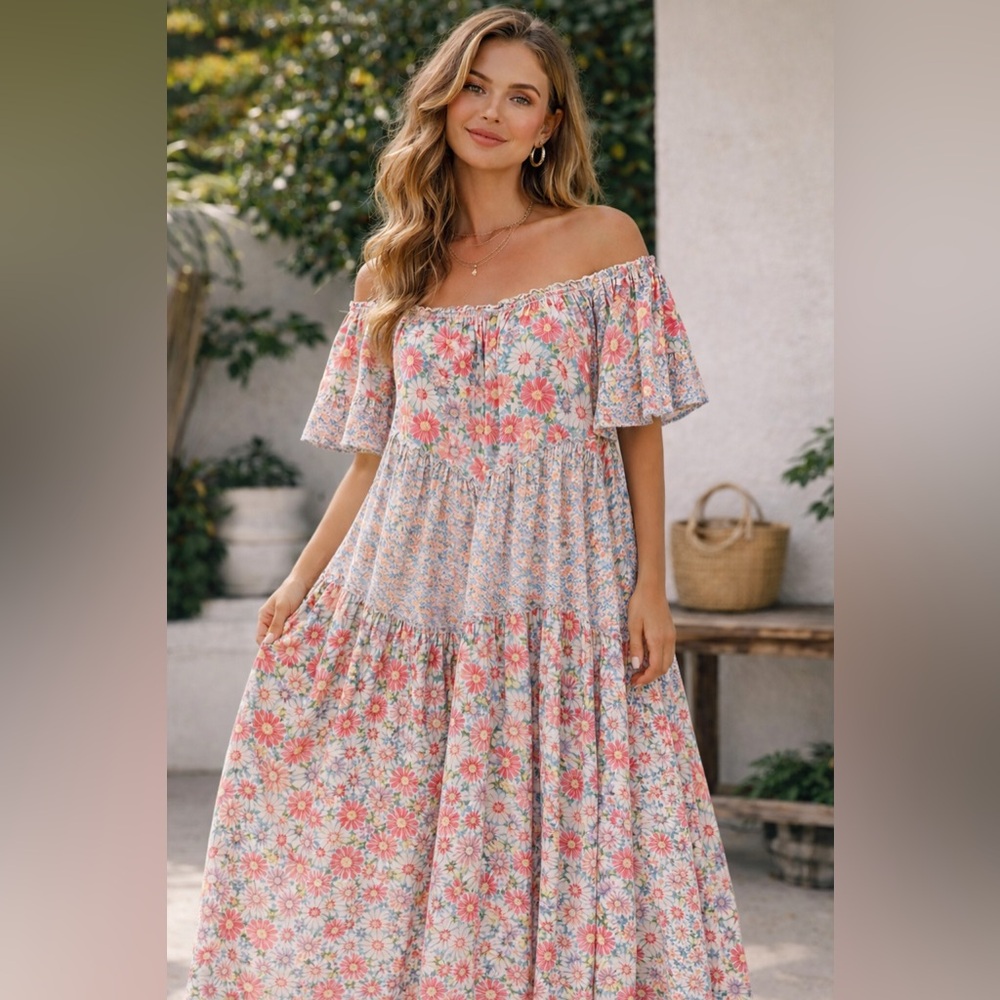 Anthropologie EASEL Floral Off Shoulder Maxi Dress M Cottagecore Patchwork Flowy